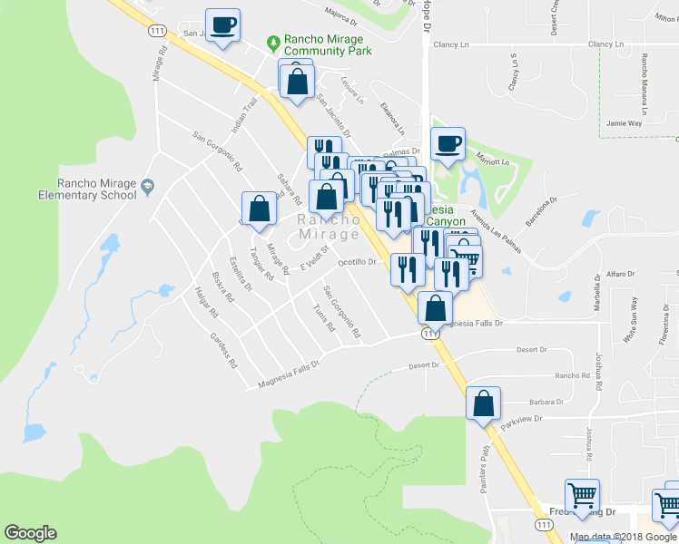 map of restaurants, bars, coffee shops, grocery stores, and more near 71781 Sahara Road in Rancho Mirage