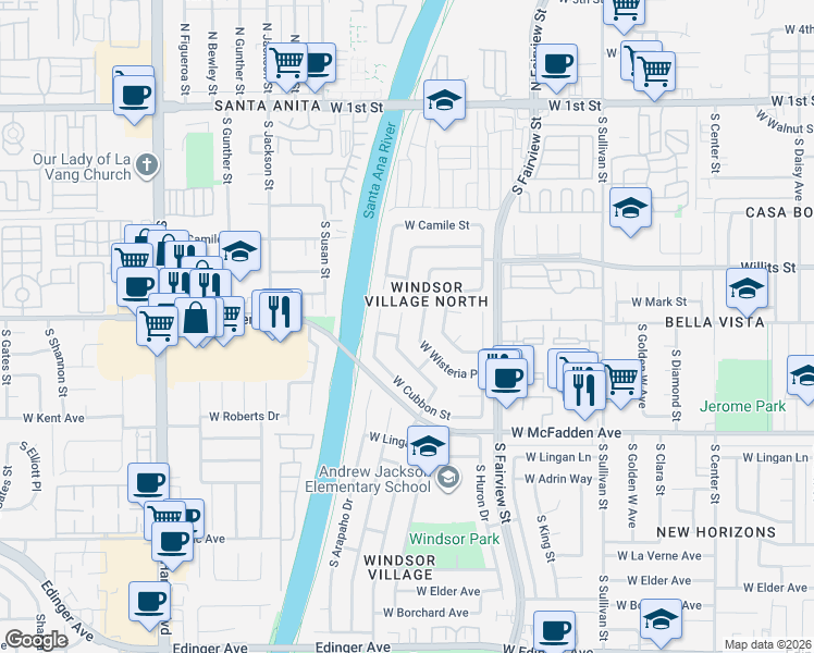 map of restaurants, bars, coffee shops, grocery stores, and more near 717 South Shawnee Drive in Santa Ana