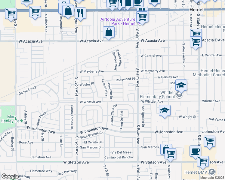 map of restaurants, bars, coffee shops, grocery stores, and more near 1241 Sandlewood Drive in Hemet