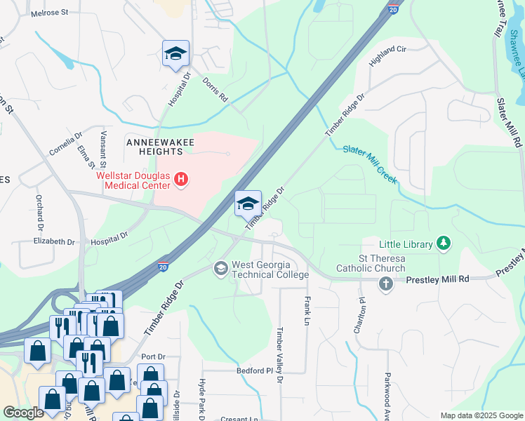 map of restaurants, bars, coffee shops, grocery stores, and more near Timber Ridge Drive in Douglasville