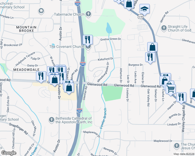 map of restaurants, bars, coffee shops, grocery stores, and more near 105 Glen Acres Court in Decatur