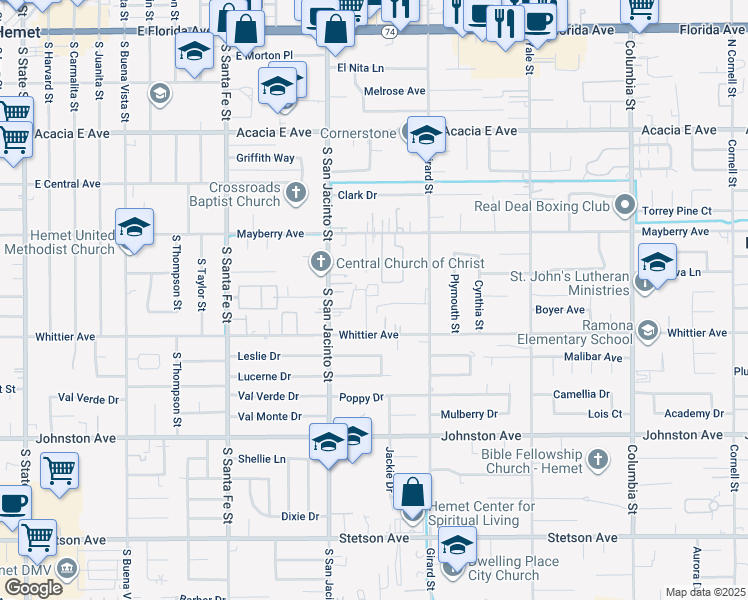 map of restaurants, bars, coffee shops, grocery stores, and more near 26400 Olive Drive in Hemet