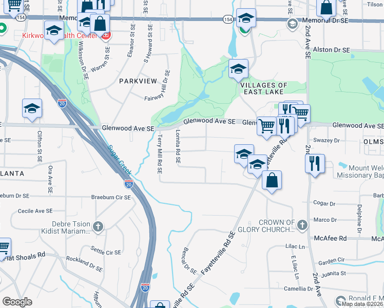 map of restaurants, bars, coffee shops, grocery stores, and more near 1731 Pennington Place Southeast in Atlanta
