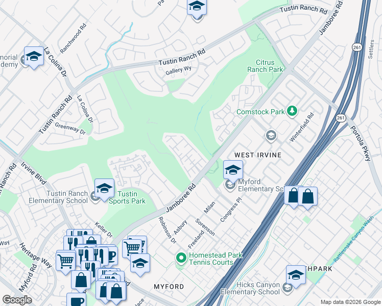 map of restaurants, bars, coffee shops, grocery stores, and more near 12417 Legrange Drive in Tustin