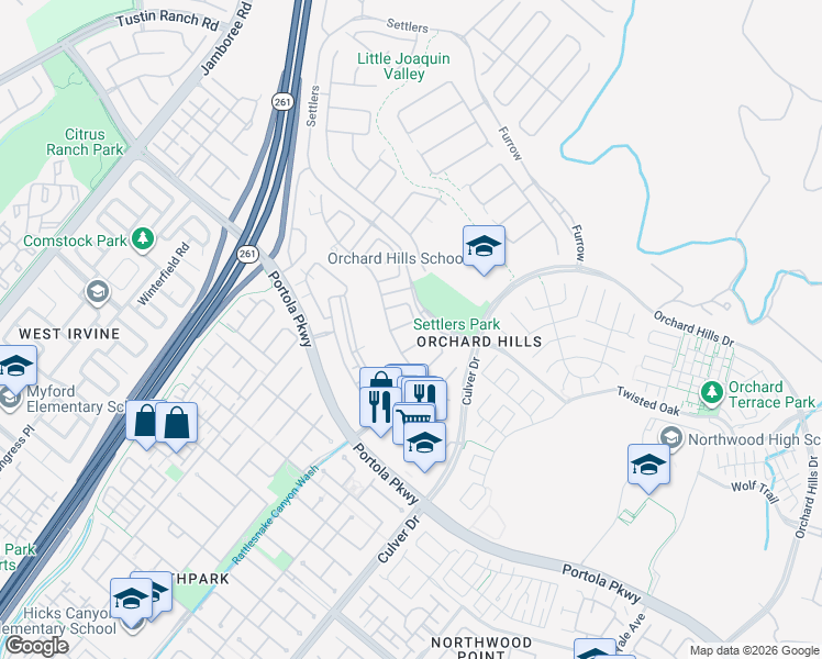 map of restaurants, bars, coffee shops, grocery stores, and more near 22 Flatiron in Irvine