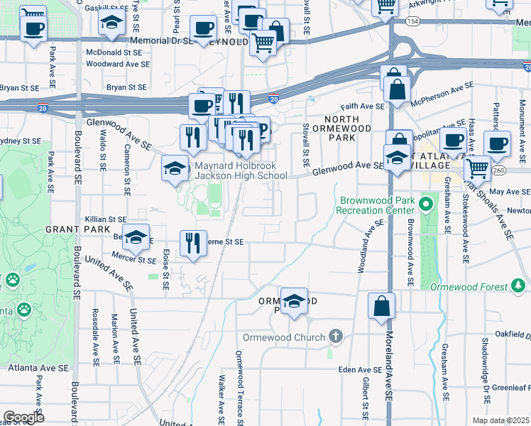 map of restaurants, bars, coffee shops, grocery stores, and more near 951 Glenwood Avenue Southeast in Atlanta