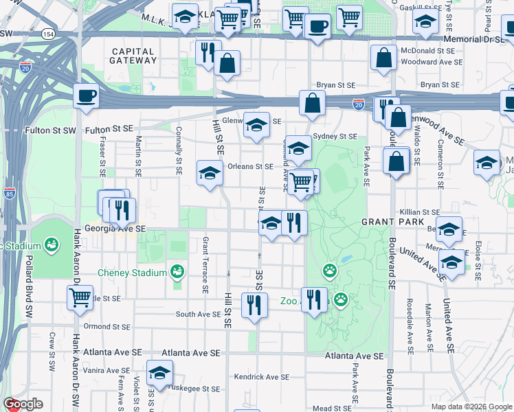 map of restaurants, bars, coffee shops, grocery stores, and more near 609 Grant Street Southeast in Atlanta