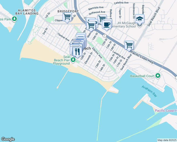map of restaurants, bars, coffee shops, grocery stores, and more near 1203 East Seal Way in Seal Beach