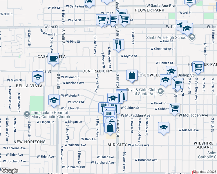 map of restaurants, bars, coffee shops, grocery stores, and more near 1401 Tolliver Street in Santa Ana
