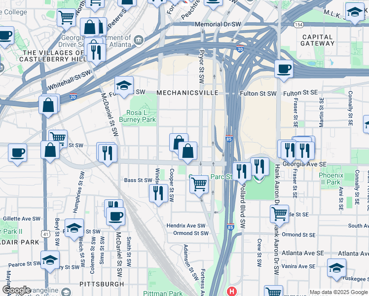 map of restaurants, bars, coffee shops, grocery stores, and more near 268 Glenn Street Southwest in Atlanta