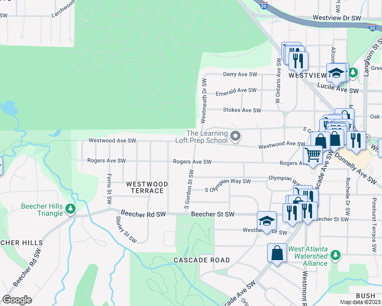 map of restaurants, bars, coffee shops, grocery stores, and more near 1805 South Gordon Street Southwest in Atlanta