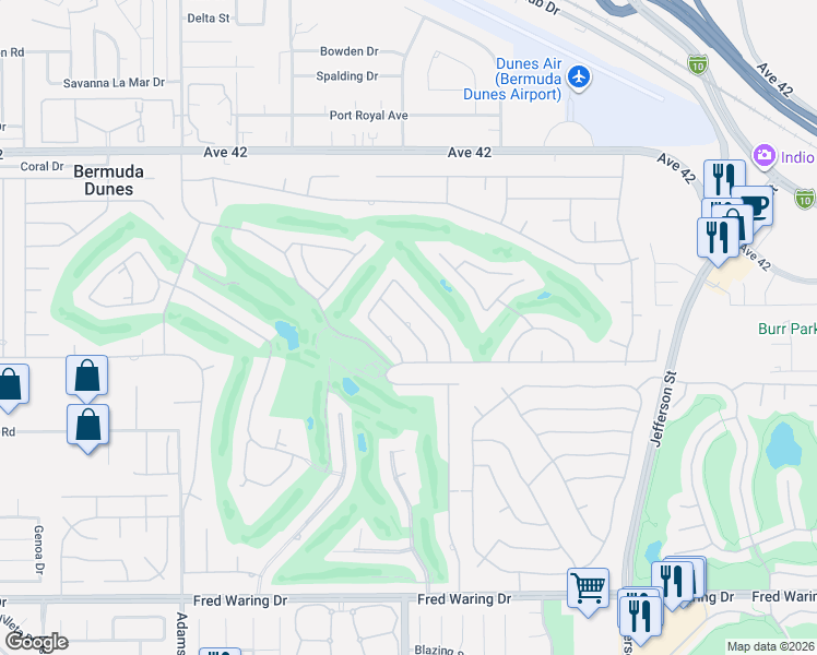 map of restaurants, bars, coffee shops, grocery stores, and more near Darien Drive in Bermuda Dunes