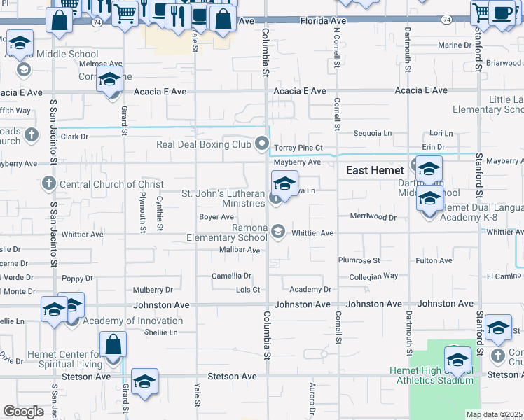 map of restaurants, bars, coffee shops, grocery stores, and more near 26431 Columbia St in Hemet