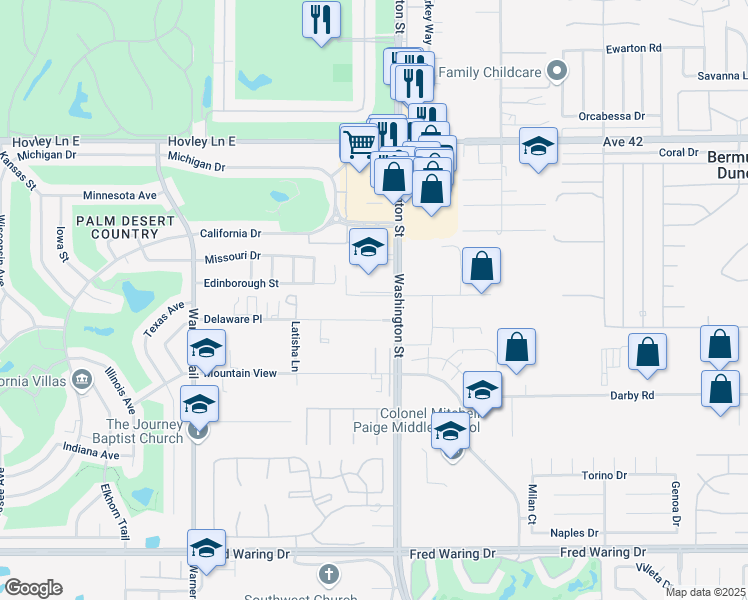 map of restaurants, bars, coffee shops, grocery stores, and more near 77923 Dudley Drive in Palm Desert