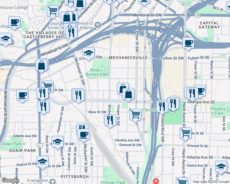 map of restaurants, bars, coffee shops, grocery stores, and more near 300 Glenn Street Southwest in Atlanta