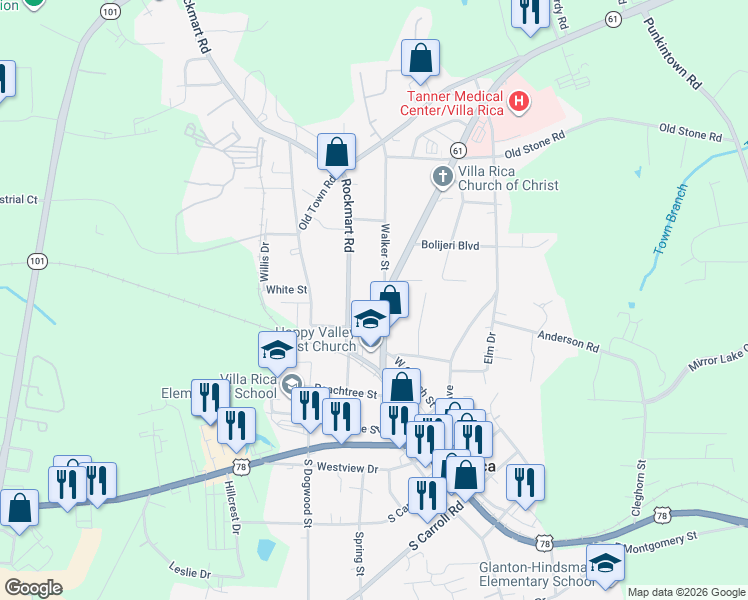 map of restaurants, bars, coffee shops, grocery stores, and more near 214 Walker St in Villa Rica