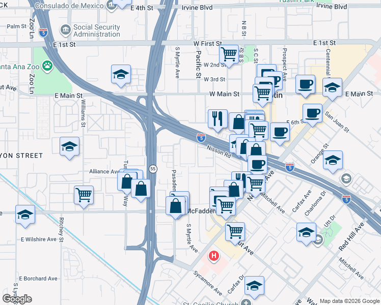 map of restaurants, bars, coffee shops, grocery stores, and more near 15482 Pasadena Avenue in Tustin