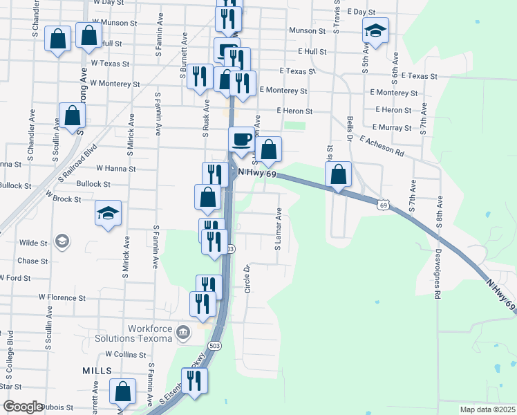 map of restaurants, bars, coffee shops, grocery stores, and more near 109 East Prospect Street in Denison