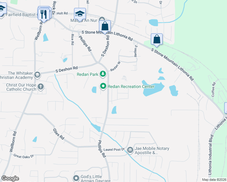 map of restaurants, bars, coffee shops, grocery stores, and more near 6392 Shalks Crossing Drive in Lithonia
