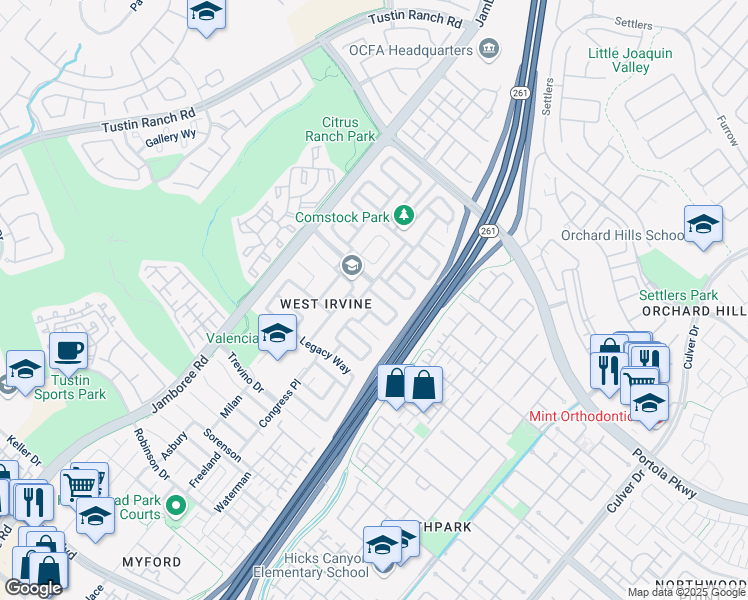 map of restaurants, bars, coffee shops, grocery stores, and more near 58 Boulder Creek Way in Irvine