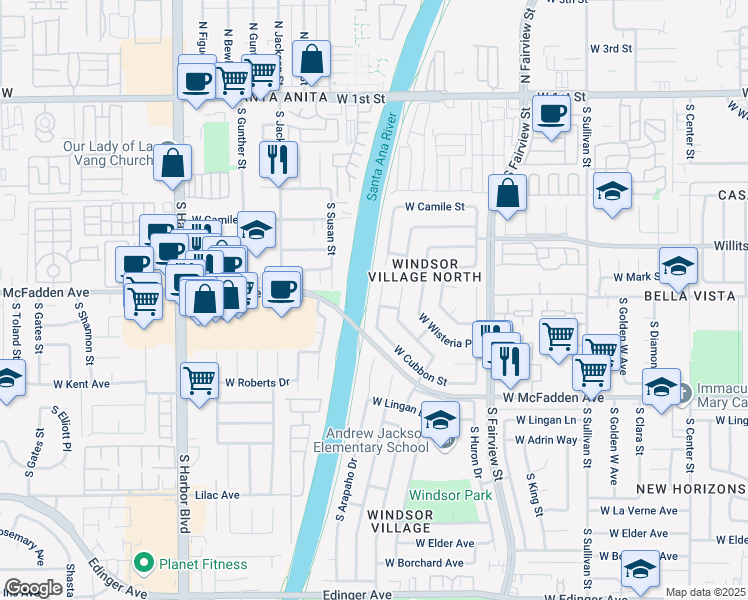 map of restaurants, bars, coffee shops, grocery stores, and more near 722 South Arapaho Drive in Santa Ana