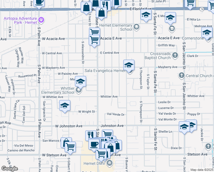 map of restaurants, bars, coffee shops, grocery stores, and more near 626 South Harvard Street in Hemet