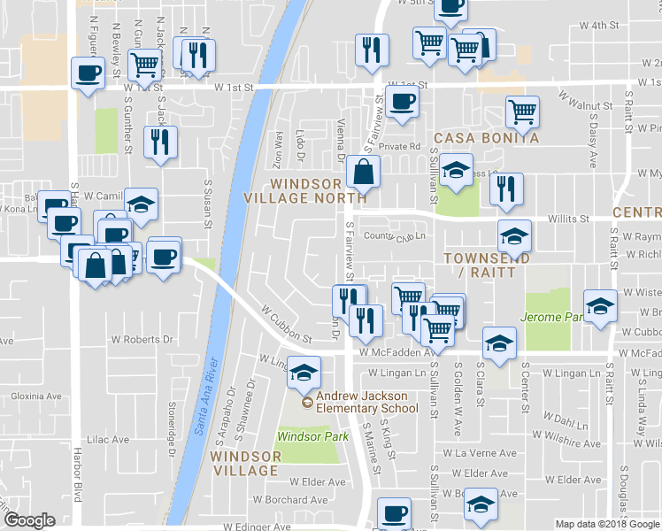 map of restaurants, bars, coffee shops, grocery stores, and more near 722 South Huron Drive in Santa Ana