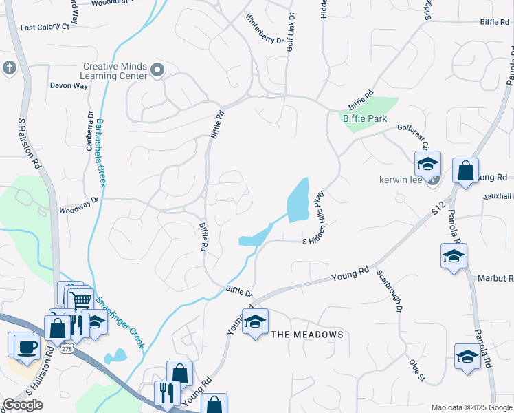 map of restaurants, bars, coffee shops, grocery stores, and more near 5079 Highland Hills Court in Stone Mountain