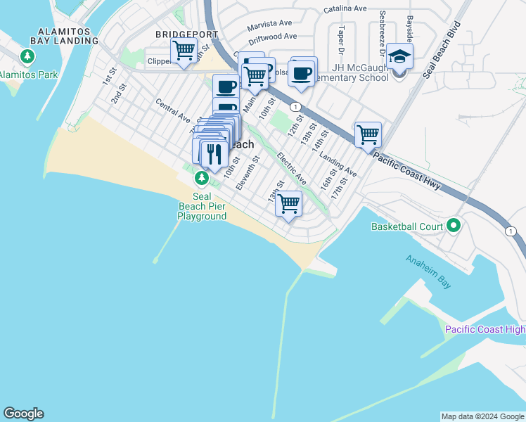 map of restaurants, bars, coffee shops, grocery stores, and more near 10 13th Street in Seal Beach