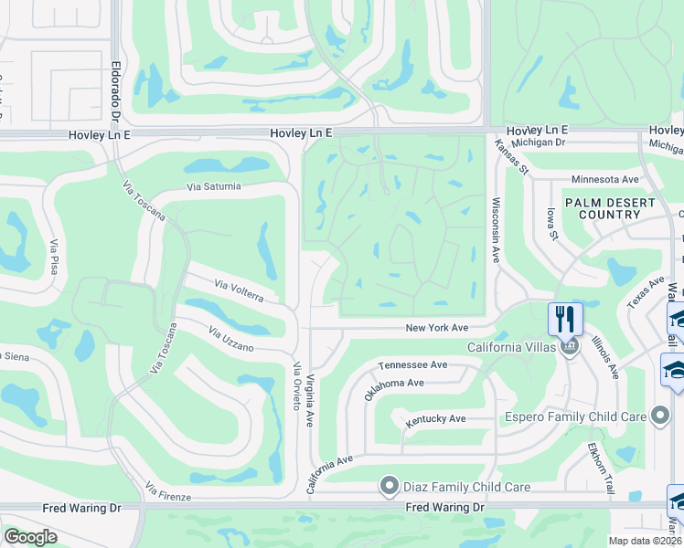 map of restaurants, bars, coffee shops, grocery stores, and more near 42895 Scirocco Road in Palm Desert