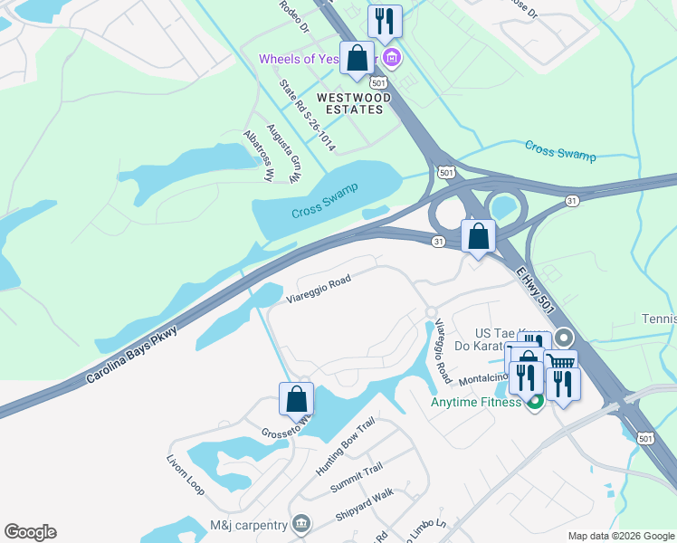 map of restaurants, bars, coffee shops, grocery stores, and more near 160 Viareggio Road in Myrtle Beach