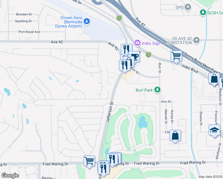 map of restaurants, bars, coffee shops, grocery stores, and more near 42792 Rachel Court in Indio