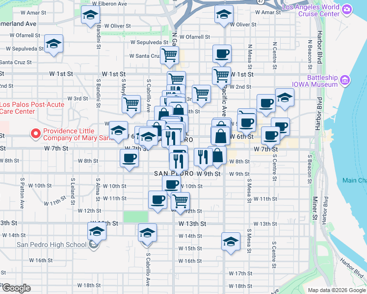map of restaurants, bars, coffee shops, grocery stores, and more near 666 West 7th Street in Los Angeles
