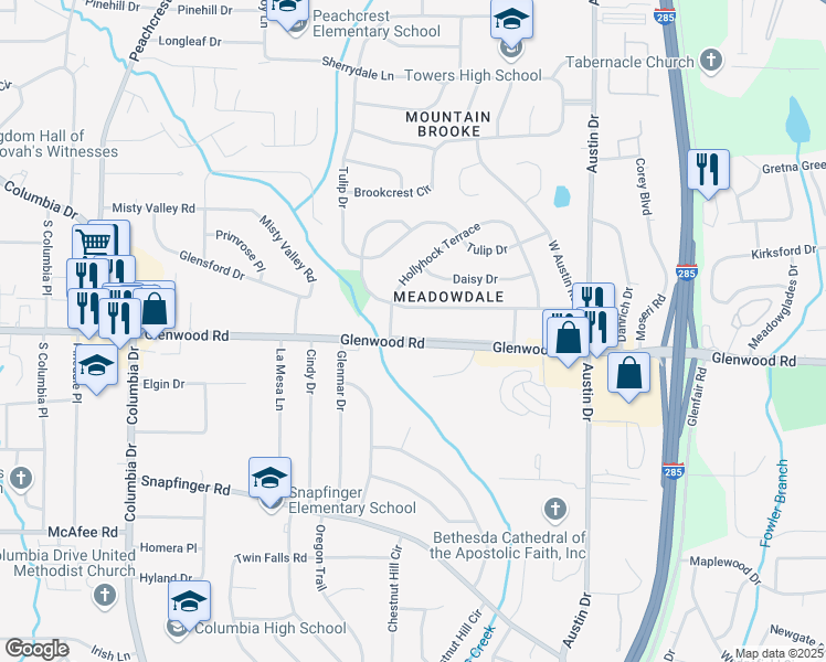 map of restaurants, bars, coffee shops, grocery stores, and more near 4322 Glenwood Parkway in Decatur
