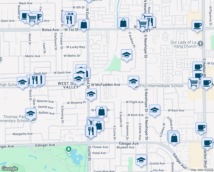 map of restaurants, bars, coffee shops, grocery stores, and more near 5002 West McFadden Avenue in Santa Ana