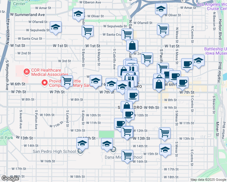 map of restaurants, bars, coffee shops, grocery stores, and more near 645 South Cabrillo Avenue in Los Angeles