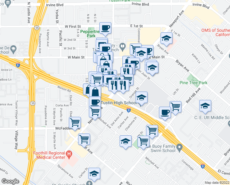 map of restaurants, bars, coffee shops, grocery stores, and more near 14000 Newport Avenue in Tustin