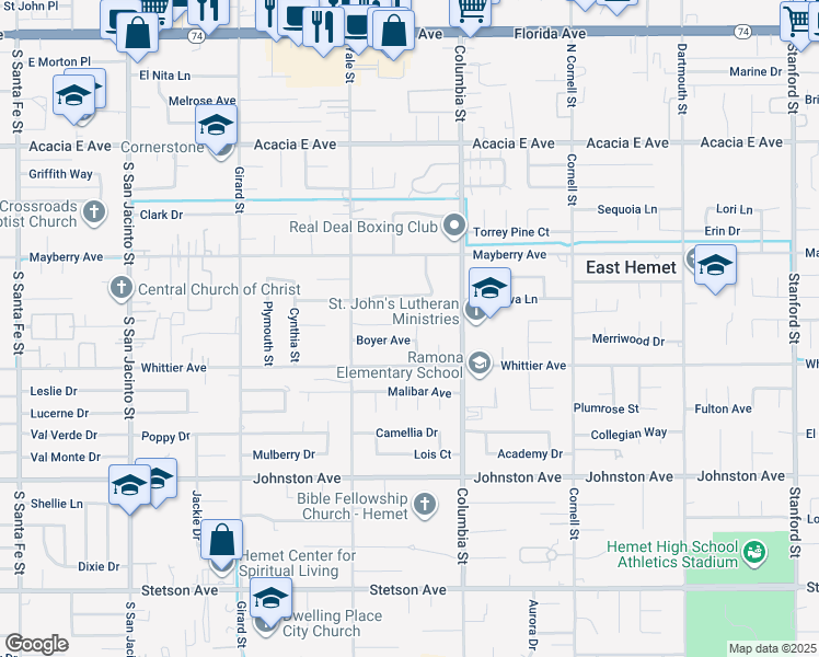 map of restaurants, bars, coffee shops, grocery stores, and more near 26433 Katharin Street in Hemet