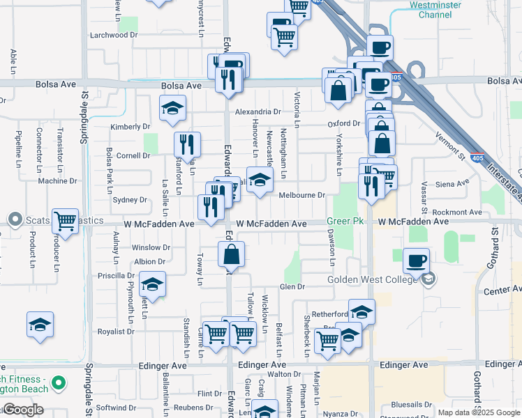 map of restaurants, bars, coffee shops, grocery stores, and more near 15432 Hanover Lane in Huntington Beach