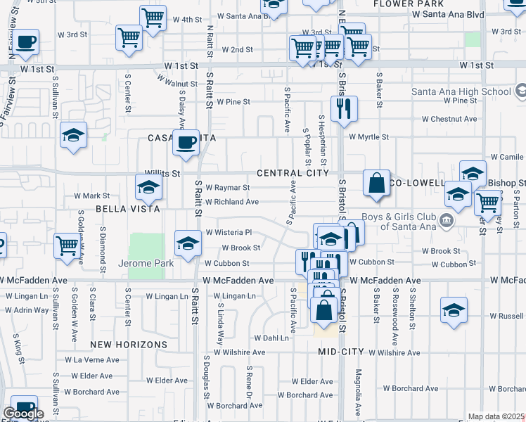 map of restaurants, bars, coffee shops, grocery stores, and more near 706 Forest Circle in Santa Ana