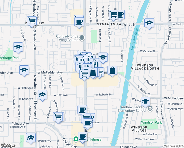map of restaurants, bars, coffee shops, grocery stores, and more near 3744 West McFadden Avenue in Santa Ana