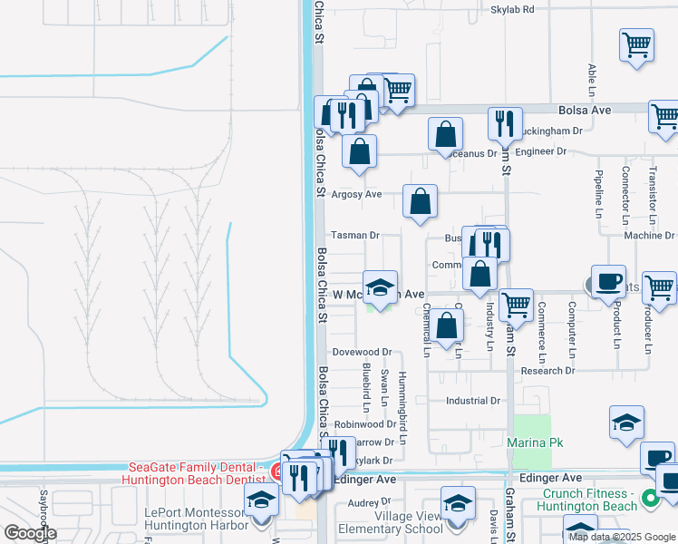 map of restaurants, bars, coffee shops, grocery stores, and more near 5031 Caspian Circle in Huntington Beach