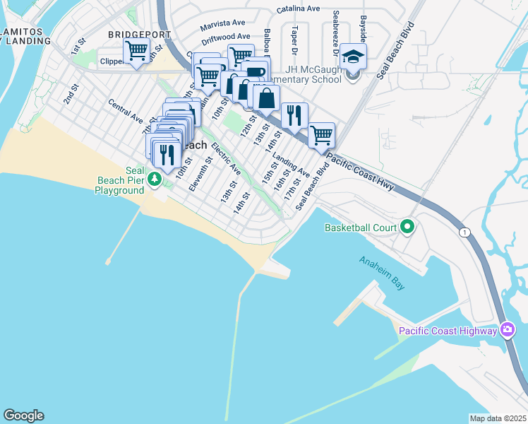 map of restaurants, bars, coffee shops, grocery stores, and more near 1521 Marine Avenue in Seal Beach