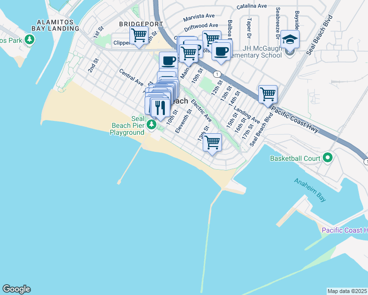 map of restaurants, bars, coffee shops, grocery stores, and more near 1113 East Seal Way in Seal Beach