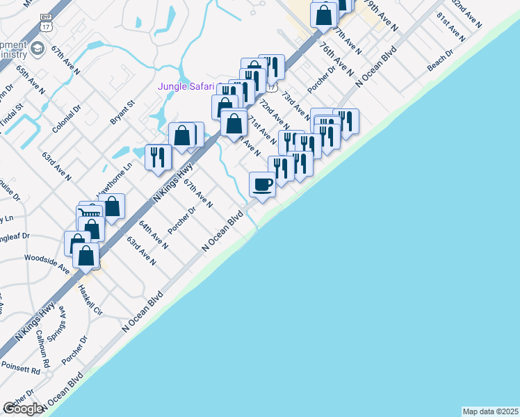 map of restaurants, bars, coffee shops, grocery stores, and more near 6804 North Ocean Boulevard in Myrtle Beach