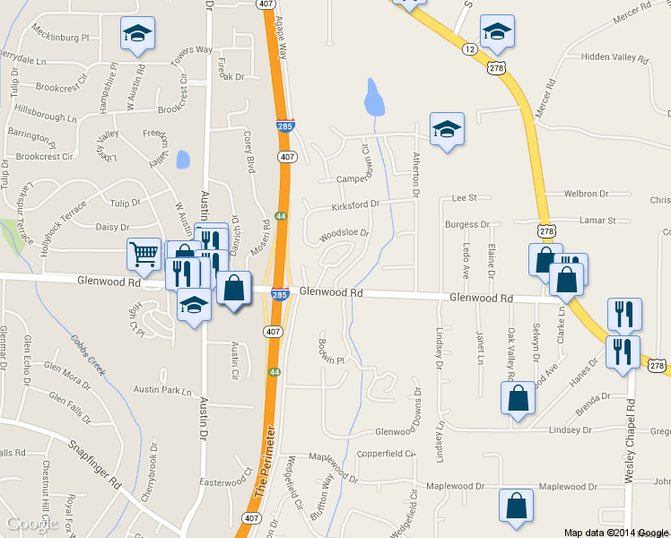 map of restaurants, bars, coffee shops, grocery stores, and more near 105 Glen Acres Court in Decatur