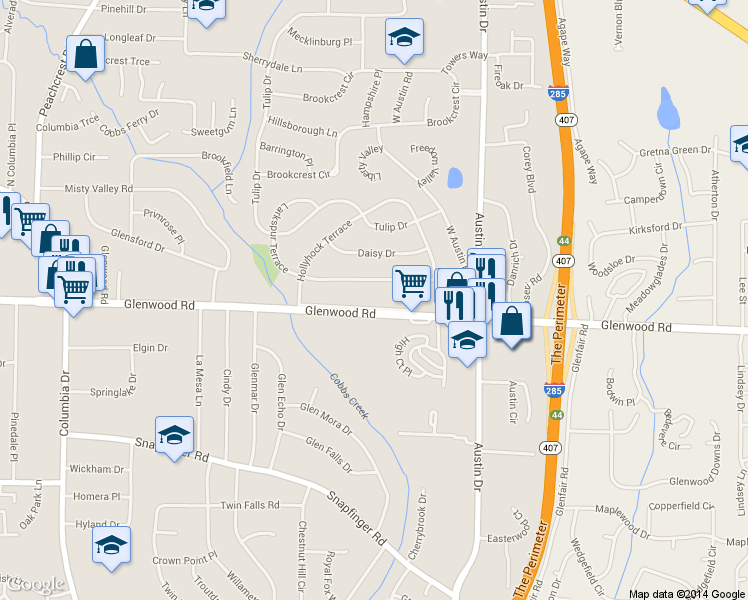 map of restaurants, bars, coffee shops, grocery stores, and more near 4378 Glenwood Parkway in Decatur