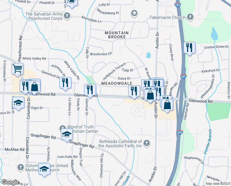 map of restaurants, bars, coffee shops, grocery stores, and more near 4352 Glenwood Parkway in Decatur
