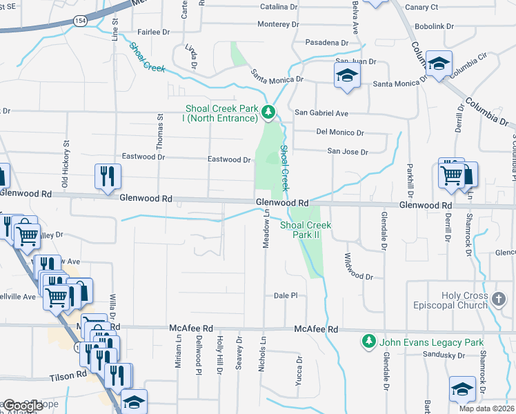 map of restaurants, bars, coffee shops, grocery stores, and more near 3591 Glenwood Road in Decatur