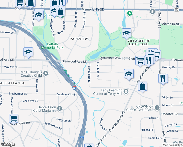 map of restaurants, bars, coffee shops, grocery stores, and more near 1608 Terry Mill Road Southeast in Atlanta